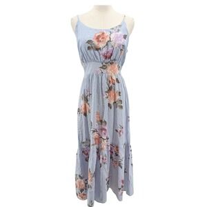 Floral Cotton Midi Dress Blue Cottagecore Sundress Smocked Waist Size M